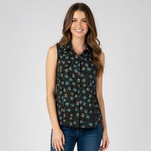 Cabi Whimsy Top black floral dot button front sleeveless size large